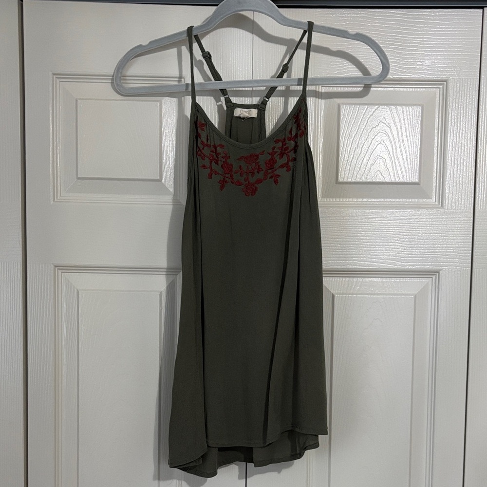 Ganji Olive Tank Top with Red Embroidery
